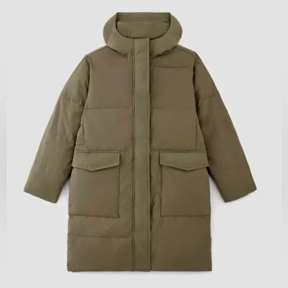 Everlane The Renew Long Puffer Coat Womens Small Kalamata Olive Hooded Primaloft - Picture 2 of 11